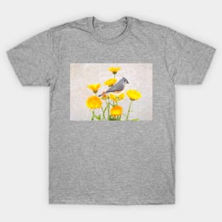 Tufted Titmouse Perched in a Marigold Flower Patch T-Shirt